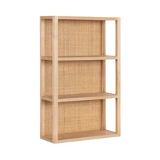 Ori Wooden Boho Three-Tier Wall Shelf; 19 x 8 x 30; Natural Rattan; Modern Sm...