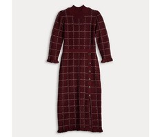 Burgundy Plaid Knit Sweater Midi Dress Mock Neck 3/4 Sleeve Button Accent