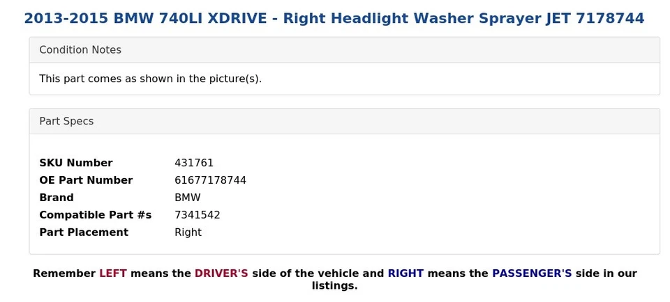 2013-2015 BMW 740LI XDRIVE - Right Headlight Washer Sprayer JET 7178744 - Image 4 of 4