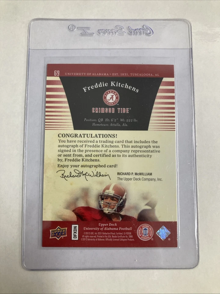 2012 Upper Deck Alabama FREDDIE KITCHENS base AUTO football card - FREE SHIPPING - Image 2 of 2