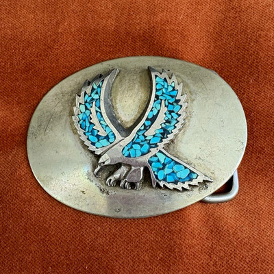 Oval Western Eagle Belt Buckle Silver Tone Blue Inlay Fits 1.5 in Belt