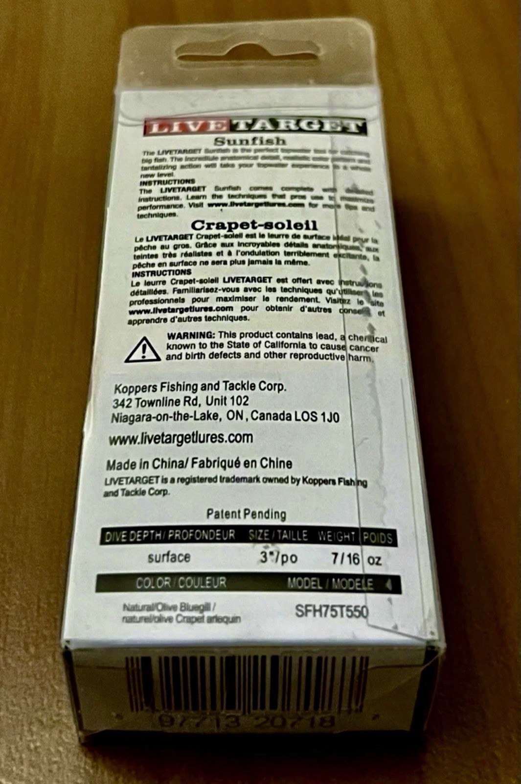 1 Live Target Sunfish Hollow SFH75T550 Topwater Lures NATURAL OLIVE BLUEGILL - Image 5