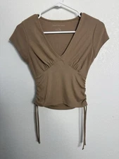 American Eagle Women’s Top Size S Brown Cinch Crop VNeck Ribbed Cap Sleeve