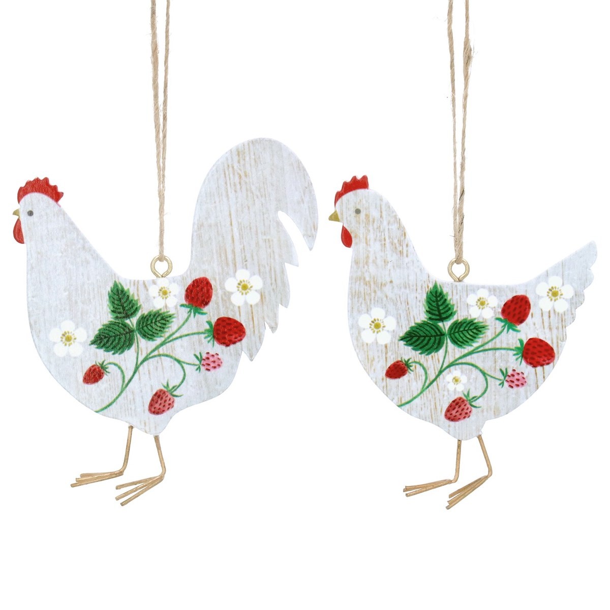 Gisela Graham Set of 2 Wooden Strawberry Design Rooster & Hen Easter Decorations