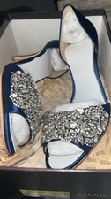 Badgley Mischka Navy Satin Crystal-Embellished Open-Toe Heels