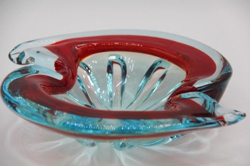 Vintage Italian Murano Sommerso Blue Aqua Red Art Glass Ashtray Bowl Dish - Picture 2 of 11