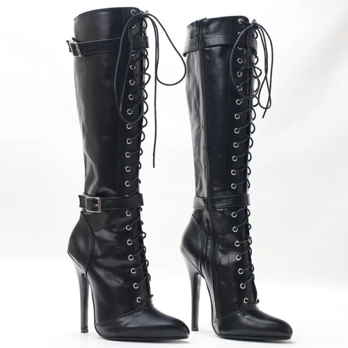 Women 14Cm High Heeled Pointed Toe Lace Up Knee Length Boots Vintage Shoes Clubs - Picture 16 of 23