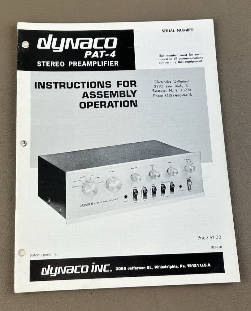 Dynaco Pat 4 Preamp Manual D-326