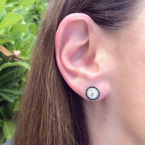 Halo Unique 1.80 CT Black Onyx 7 White CZ Lab-Created 935 Silver Stud Earrings - Picture 4 of 7