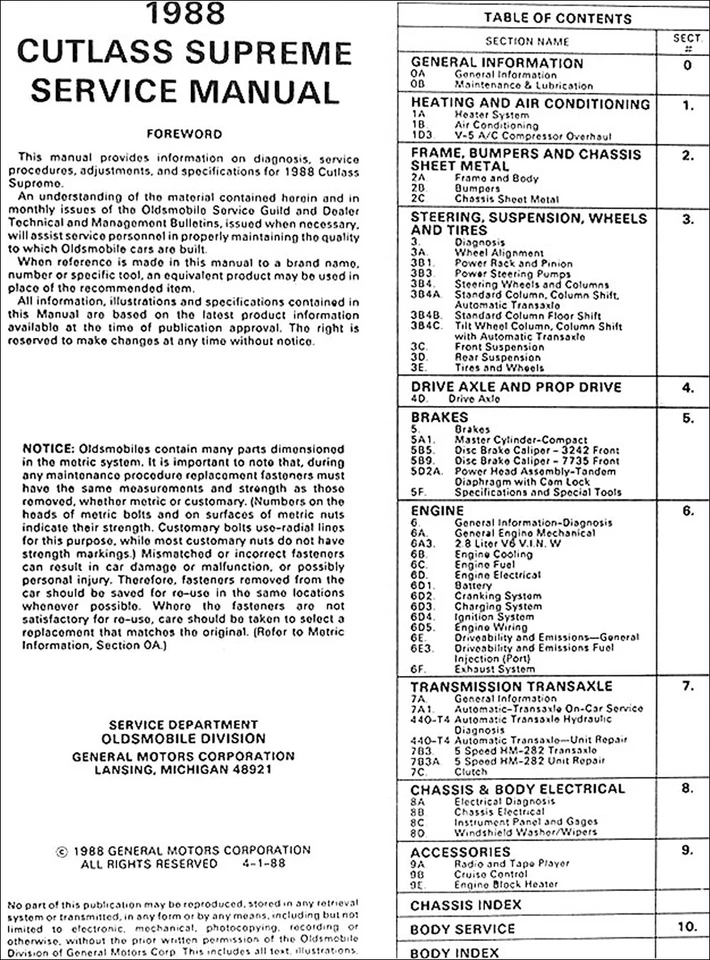 Manual De Taller Oldsmobile Cutlass Supreme 1988 88 Olds SL - Imagen 2 de 2
