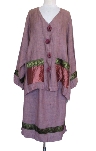Crunch Skirt Outfit Set Size 3 Large Women Mauve Linen Satin Trim Lagenlook NWT