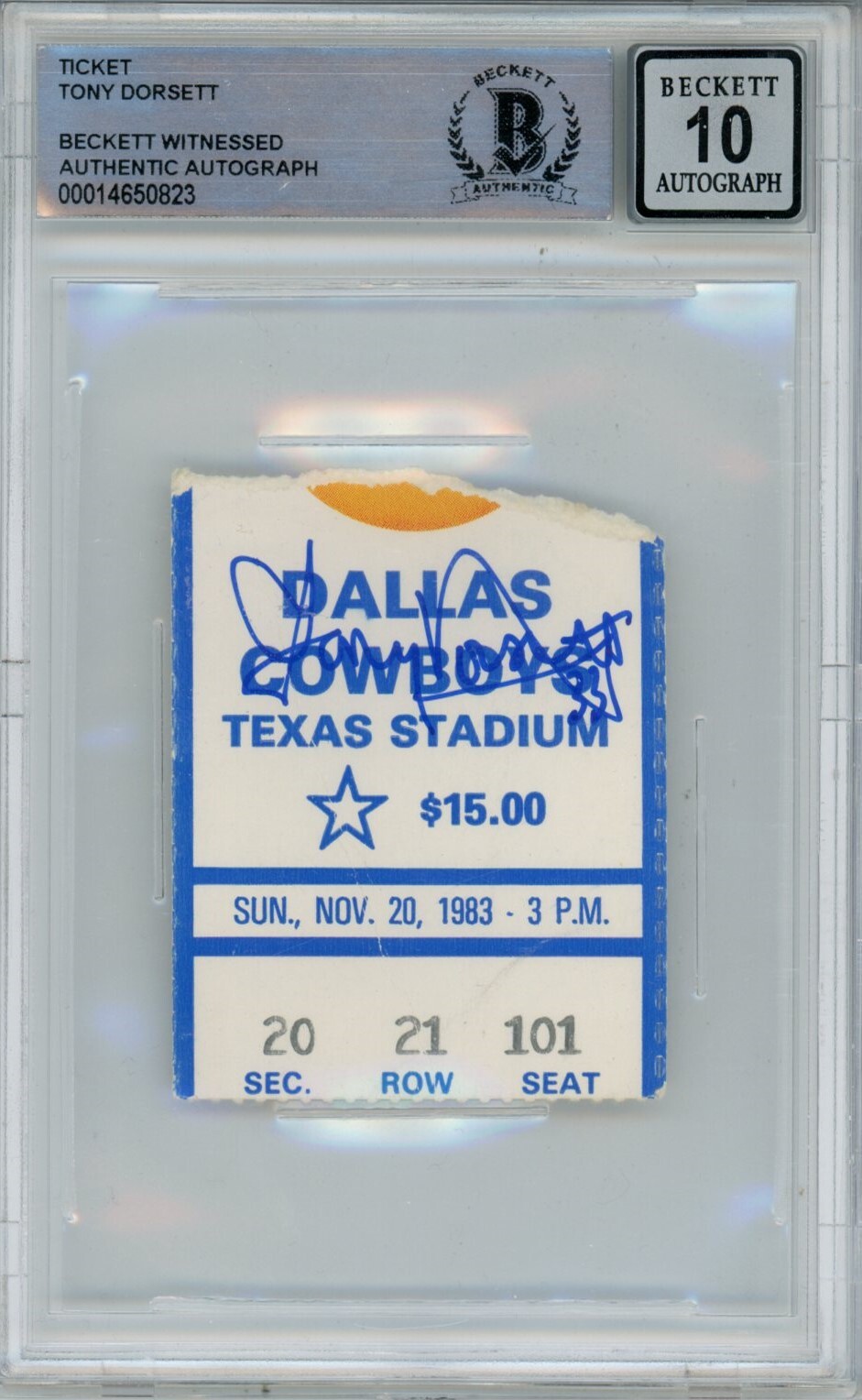 Tony Dorsett Autographed Signed Dallas Cowboys Ticket 11/2083 Vs Chiefs Beckett Slab 39474 