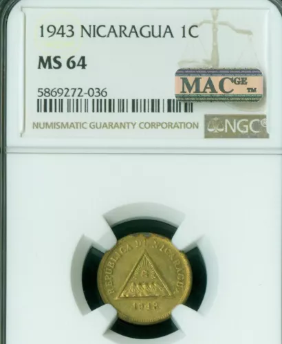 1943 NICARAGUA CENTAVO NGC MS64 PQ MAC 2ND FINEST & SPOTLESS VERY RARE .