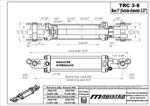 Hydraulic Cylinder Tie Rod Double Action 3" Bore 8" Stroke 2500 PSI 3x8 NEW - Picture 2 of 10