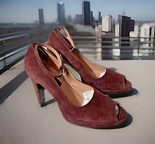 David Aaron Suede Burgundy Peep Toe Ankle Strap Dress Heel Shoes Size 38.5