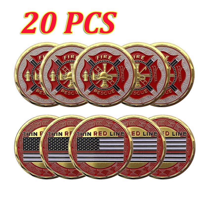20PCS Fireman Fire Rescue Challenge Coin Thin Red Line Flag Collectible Gift