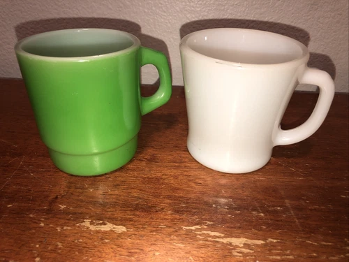 Fire King D Handled Mugs Milk Glass Lot of 2 Vtg Anchor Hocking USA Oven Proof