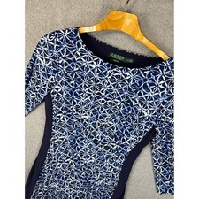 Lauren Ralph Lauren Blue Geometric Print Knee Length Dress Size 10 Slimming Cut