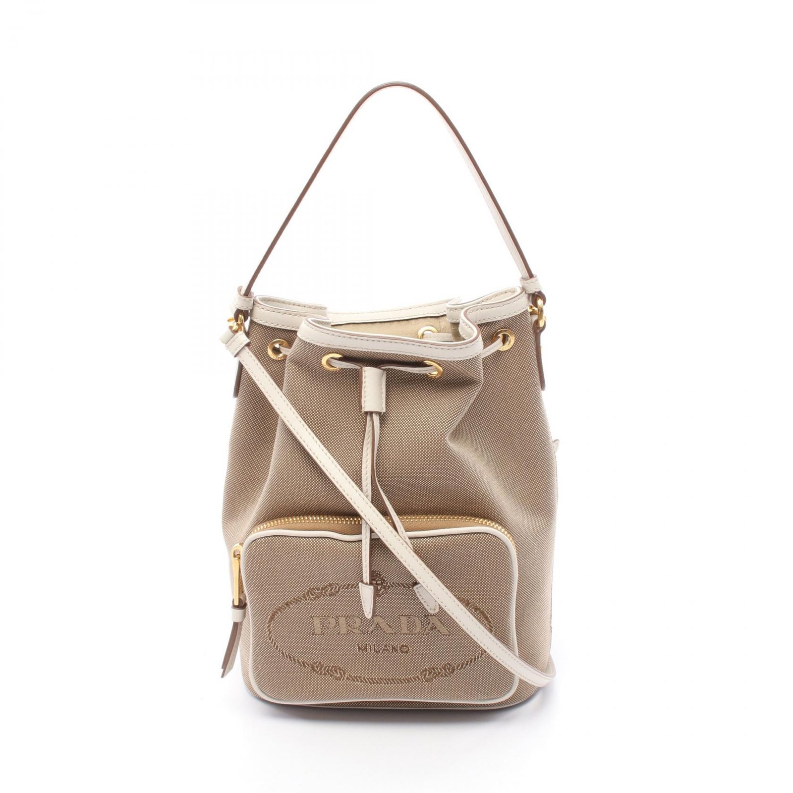 Prada Logo Jacquard Shoulder Bag 1BH038 Canvas Leather Beige White Pre-Owned