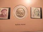 1934 Buffalo Nickel & 2 collectible stamps "Buffalo Bill's Wild West"