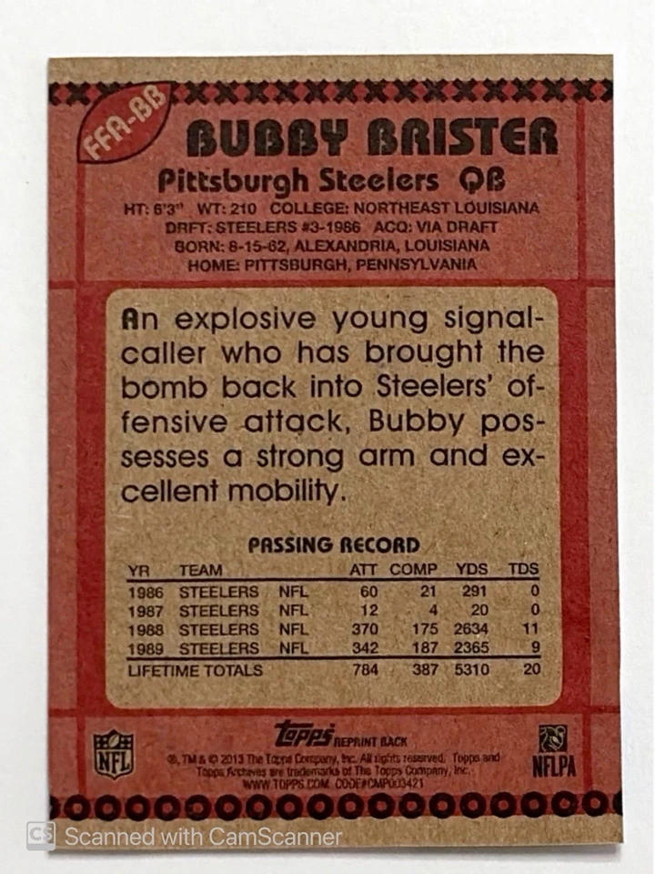 2013 Topps Archives Fan Favorites Auto Bubby Brister #FFA-BB Autograph Steelers - Image 2 of 2