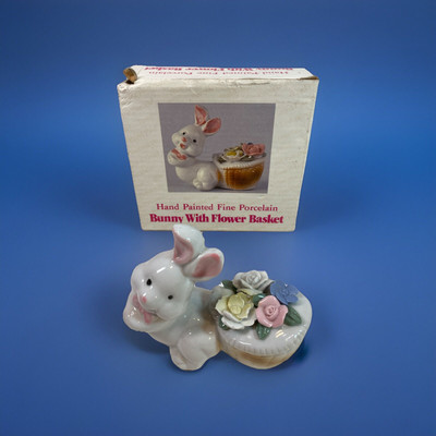 Porcelain Easter bunny with basket pastel flowers 3.75 inches With Box Vtg