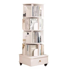 Wood Rotating Bookcase - 6 Tiers - Extra Drawer - Compact Design-Corner Storage