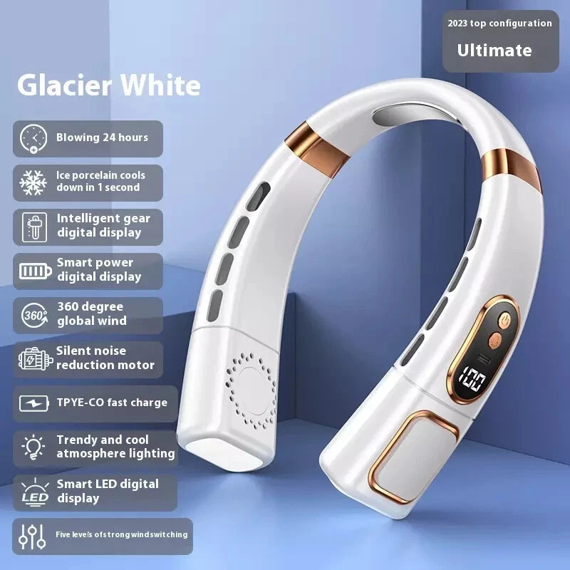Ventilateur de cou rechargeable 8000mAh blanc affichage LED flux rafraichissant - 2