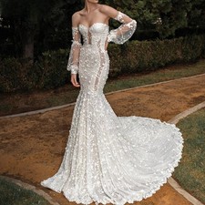 Off Shoulder Mermaid Wedding Dresses Detachable Sheer Puff Sleeve 3D Floral Gown