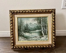 Framed oil on canvas Landscape Painting with Gold Frame Sign by Wallace