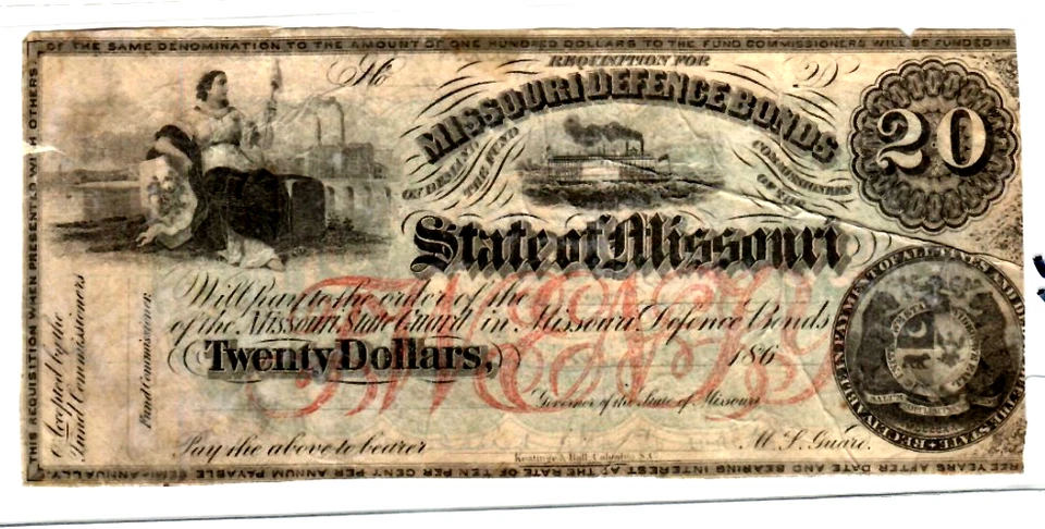 $20 "MISSOURI DEFENCE BOND" 1800'S RARE!!!  $20 "MISSOURII"  RARE NOTE!!! - Image 2 of 3