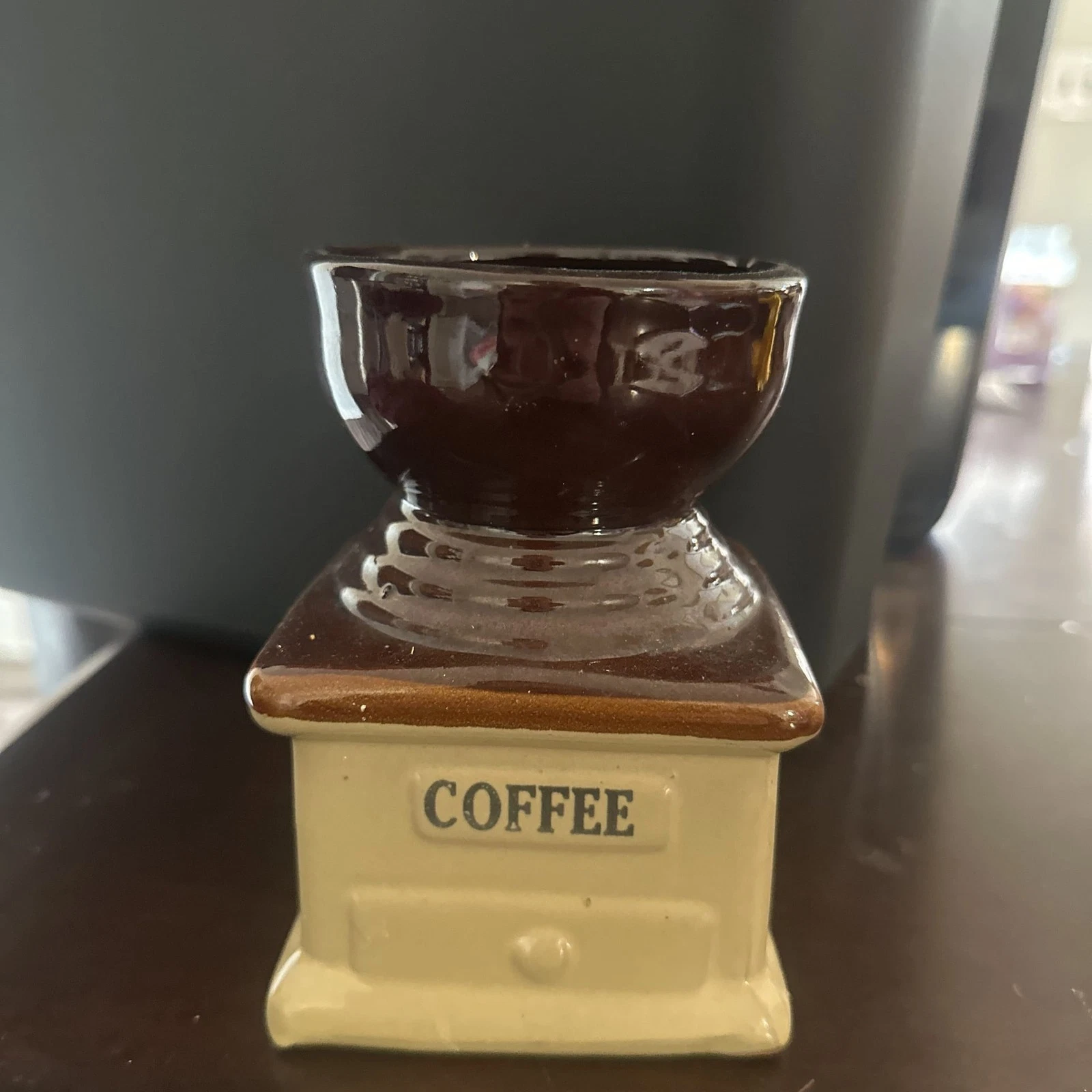 Vintage Ceramic Coffee Grinder Spice Holder Jar Brown Tan