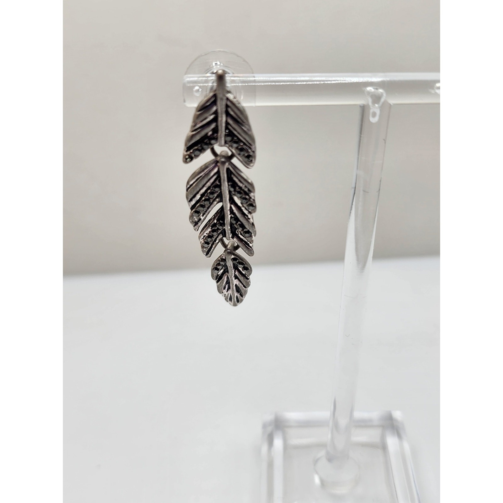 Silver Feather Rhinestone Dangle Earrings - image 3