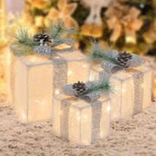 Set of 3 Lighted Gift Boxes with 60 LED Lights, Plug-in Decorative Silver