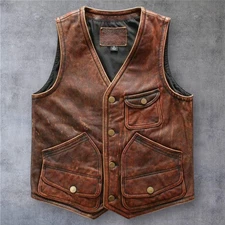 Men's Brown Distressed Leather Collarless Vest Vintage Western Style Waistcoat