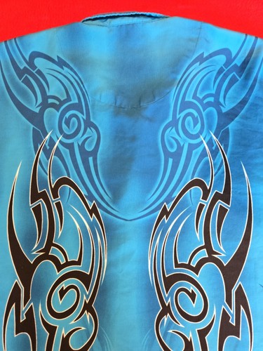 VINTAGE SAPPHIRE SHIRT BLUE TRIBAL FLAMES Small BOWLING Missing 1 Button - Picture 14 of 19