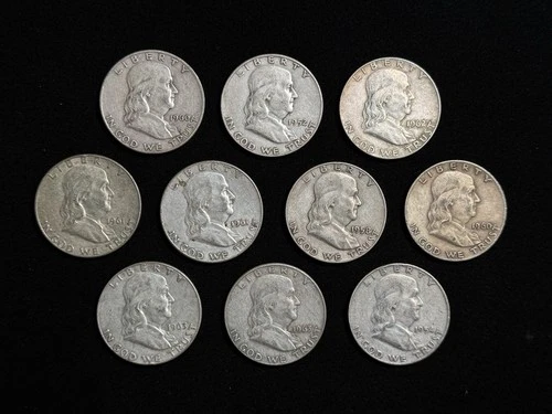 10 Lot - Mixed Franklin Half Dollars in Fine Condition 90% Silver 50 Cent Pieces