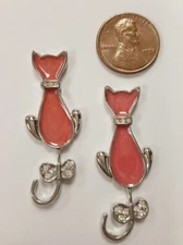PINK ENAMEL CRYSTAL RHINESTONE SILVER CAT SILHOUETTE 42mm. CABOCHON FINDING R814