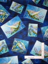 Sea Turtles Fabric Turtle Odyssey Water Bubbles Scenes Blue Cotton QT By Yard