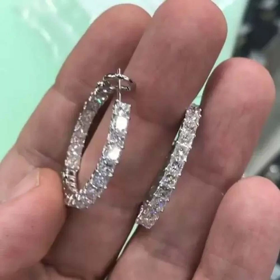 8 Ct Princess Cut Lab Created Diamond 14K White Gold Plated Lovely Hoop Earrings - Image 3 of 4