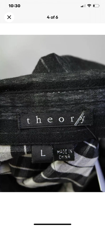 Theory 女式棉质格子印花铐扣 Catris 衬衫黑色 L 码 — 第 4/4 张图片