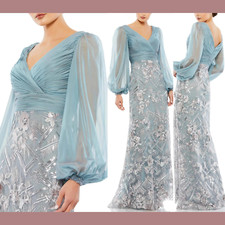 NWT $798 Mac Duggal [ 14 ] Puff Sleeve Pleat Bodice Embellished Gown Slate S1227