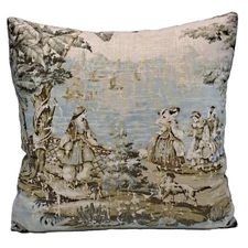 Bosporus Toile 20'' Decorative Throw Pillow Cover Flax Blue Linen