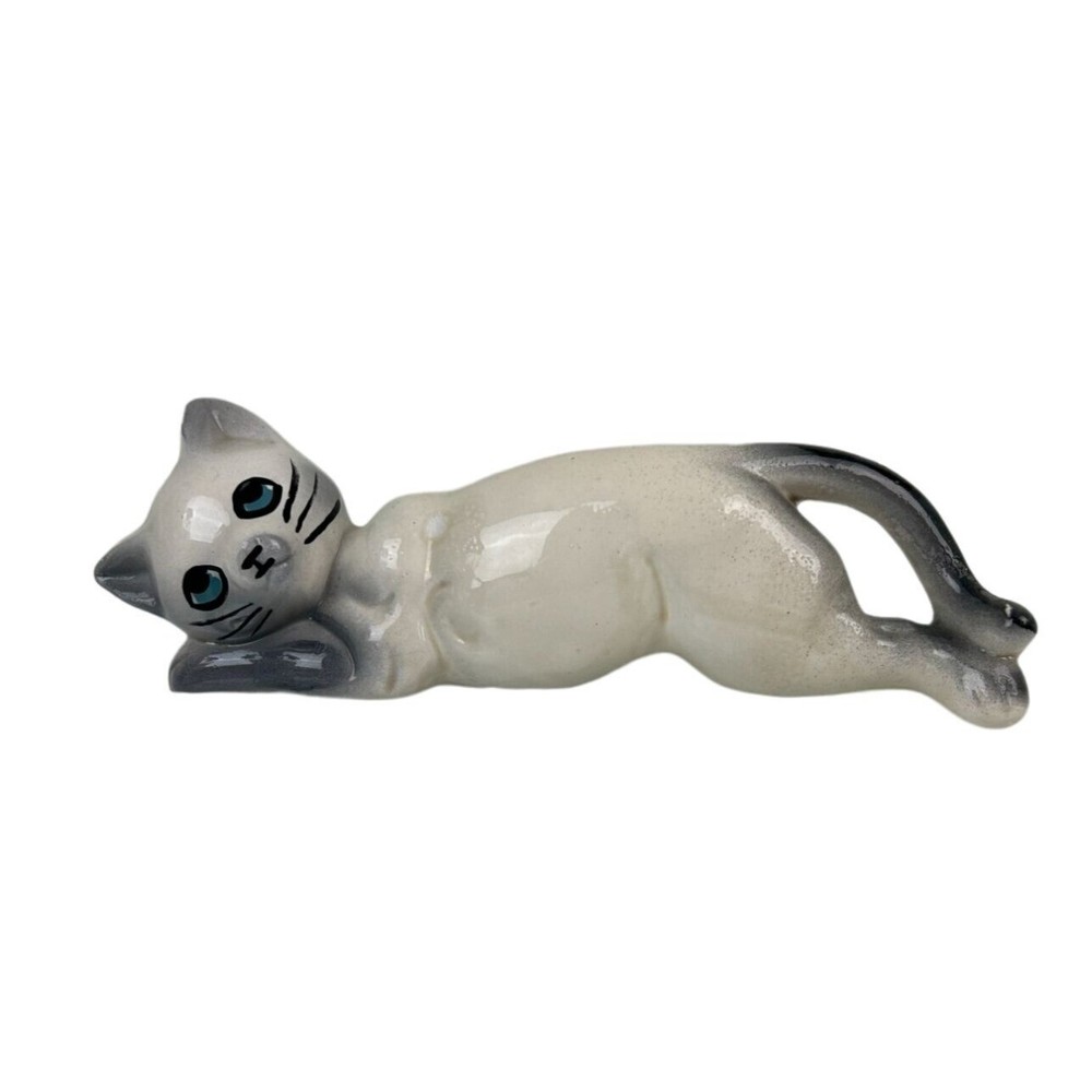 Vintage Ceramic Laying Stretching Siamese Cat Figure, Hand Painted Animal Home