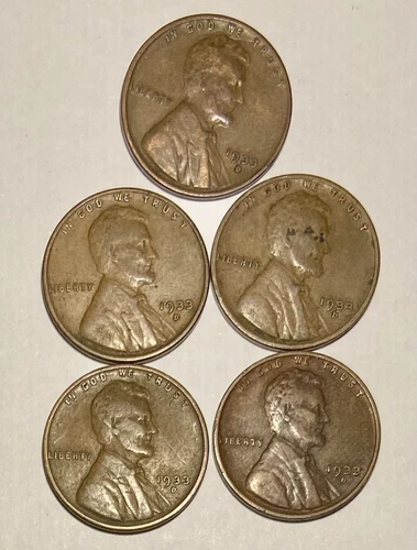 1933d lincoln cents 5 Pennies All Fine