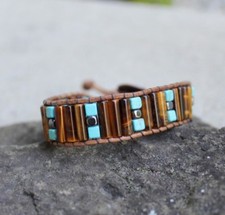 Men's Tiger Eye and Turquoise Beaded Brown Leather Bracelet handmade USA