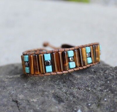Men/'s Tiger Eye and Turquoise Beaded Brown Leather Bracelet handmade USA