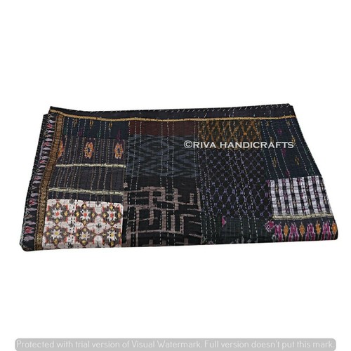 Indien Vintage Silk Patchwork Patola Queen Throw Black Kantha Quilt Bedspread - Picture 2 of 4