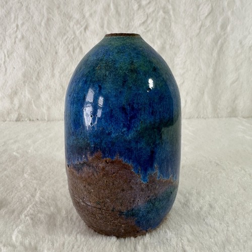 Vintage Handcrafted Blue & Brown Stoneware studio Pottery Vase signed
