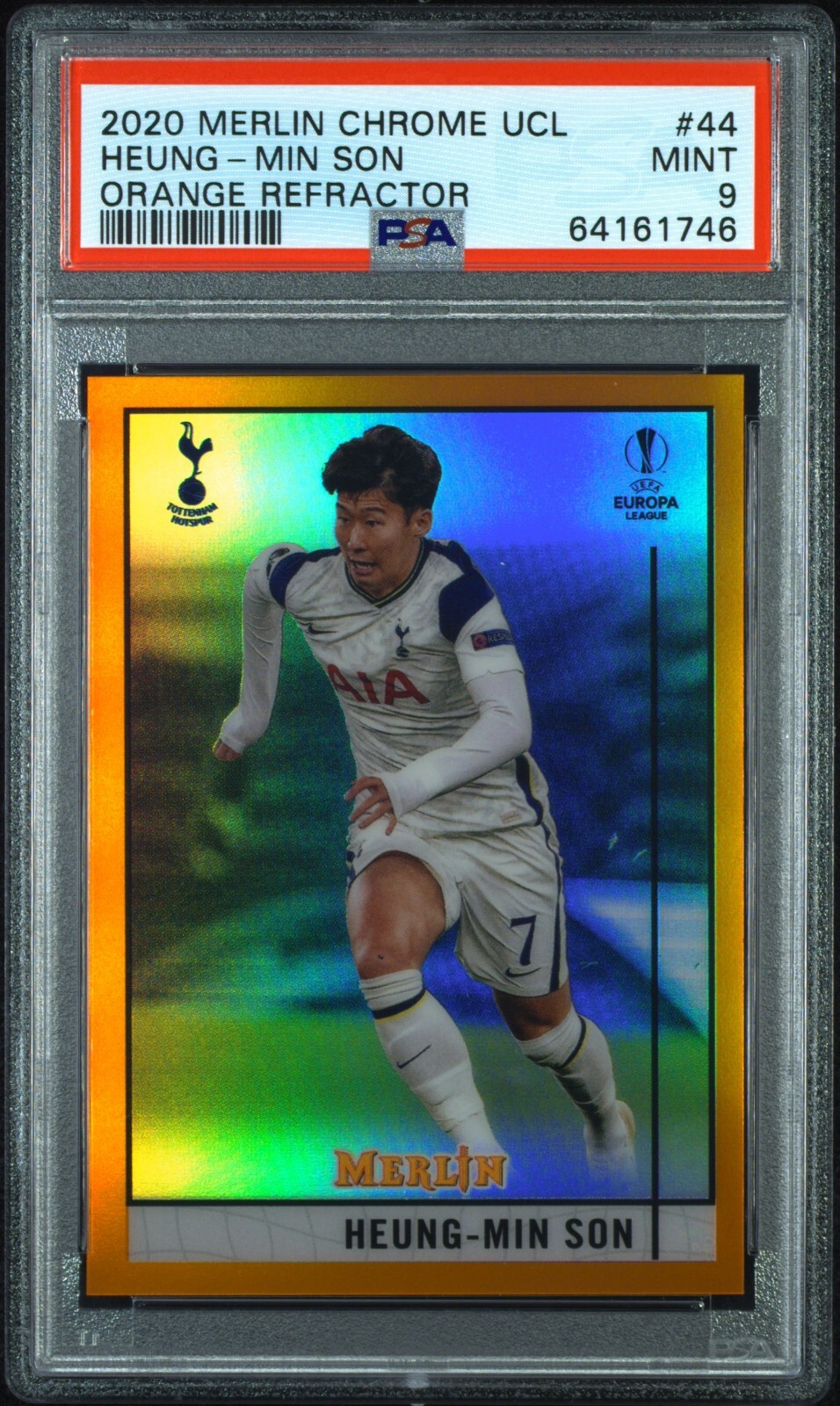 2020 Topps Chrome Merlin UCL Heung-Min Son Orange Refractor 15/25 PSA 9 #44